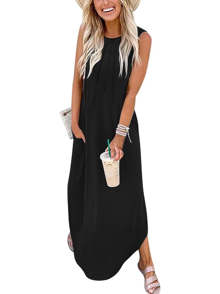 Women's Balck Summer Dress Casual Long Dress Split Curve Hem Maxi Dress Floral
